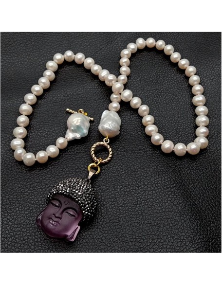 Women's Necklaces Freshwater White Pearl Keshi Pearl Necklace Quartz Pave Buddha Pendant Necklace Fashion accessories Women's Necklaces Freshwater White Pearl Keshi Pearl Necklace Quartz Pave Buddha Pendant Necklace Fashion accessories