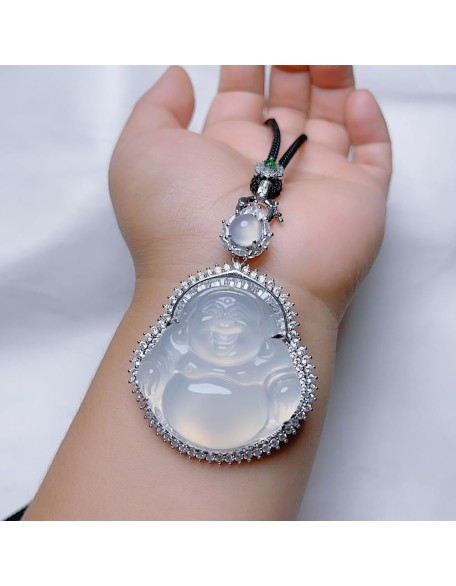 Natural White Chalcedony Maitreya Buddha Pendant Necklace with Lanyard for Women Yoga Genuine Natural White Chalcedony Maitreya Buddha Pendant Necklace with Lanyard for Women Yoga Genuine