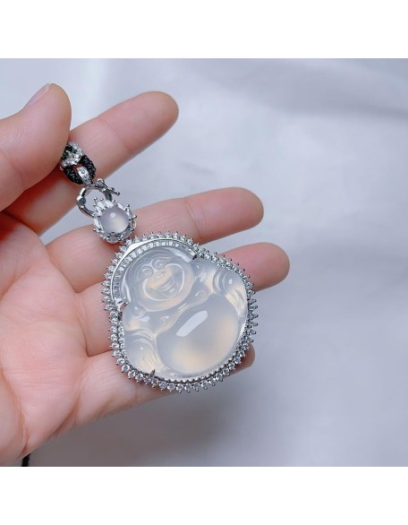 Natural White Chalcedony Maitreya Buddha Pendant Necklace with Lanyard for Women Yoga Genuine Natural White Chalcedony Maitreya Buddha Pendant Necklace with Lanyard for Women Yoga Genuine