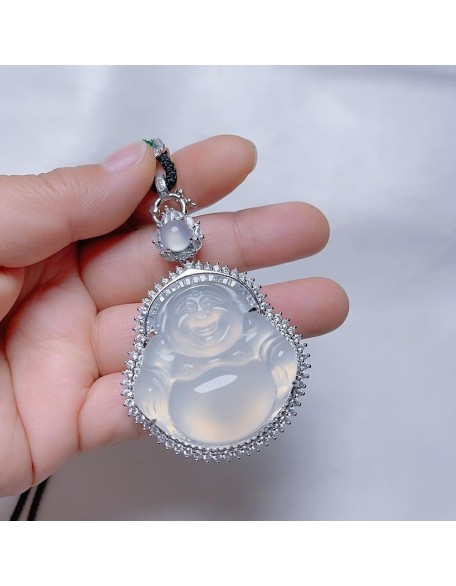 Natural White Chalcedony Maitreya Buddha Pendant Necklace with Lanyard for Women Yoga Genuine Natural White Chalcedony Maitreya Buddha Pendant Necklace with Lanyard for Women Yoga Genuine