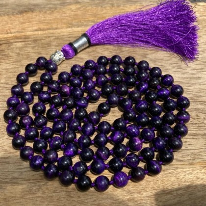  Purple Tiger Eye 108 Mala Necklace| Mala|108 Prayer Beaded Mala Necklace| Hand knotted Mala Bracelet | Japa Mala| 8mm Round Beads| Meditation Tassel