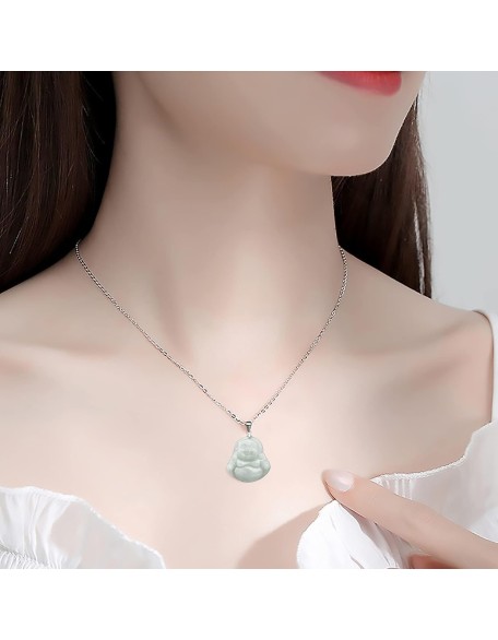 Jade Necklaces for Women Men, Jade PendantGreen Natural Real Laughing Buddha Necklace Good Luck 925 Silver Chain Amulet Jade Necklaces for Women Men, Jade PendantGreen Natural Real Laughing Buddha Necklace Good Luck 925 Silver Chain Amulet