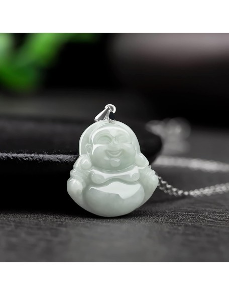 Jade Necklaces for Women Men, Jade PendantGreen Natural Real Laughing Buddha Necklace Good Luck 925 Silver Chain Amulet Jade Necklaces for Women Men, Jade PendantGreen Natural Real Laughing Buddha Necklace Good Luck 925 Silver Chain Amulet