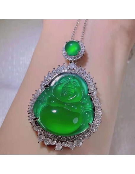 Jade Pendant for Men And Women, Silver Inlaid Jade Buddha Pendant, Maitreya Buddha Green Chalcedony Pendant Jade Pendant for Men And Women, Silver Inlaid Jade Buddha Pendant, Maitreya Buddha Green Chalcedony Pendant
