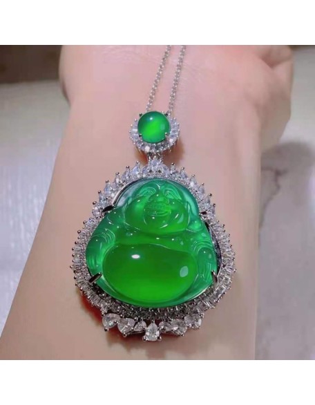 Jade Pendant for Men And Women, Silver Inlaid Jade Buddha Pendant, Maitreya Buddha Green Chalcedony Pendant Jade Pendant for Men And Women, Silver Inlaid Jade Buddha Pendant, Maitreya Buddha Green Chalcedony Pendant