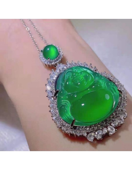 Jade Pendant for Men And Women, Silver Inlaid Jade Buddha Pendant, Maitreya Buddha Green Chalcedony Pendant Jade Pendant for Men And Women, Silver Inlaid Jade Buddha Pendant, Maitreya Buddha Green Chalcedony Pendant