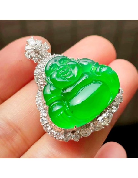 Jade Necklaces for Women Men, Jade Buddha Inlaid Pendant Ice Jade Buddha Pendant Full Green Maitreya Buddha Jade Pendant Jade Necklaces for Women Men, Jade Buddha Inlaid Pendant Ice Jade Buddha Pendant Full Green Maitreya Buddha Jade Pendant