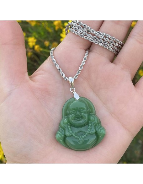 Jade Necklaces for Women Men, Natural Light Green Jade Necklace Laughing Buddha Silver Pendant Jewelry Jade Necklaces for Women Men, Natural Light Green Jade Necklace Laughing Buddha Silver Pendant Jewelry