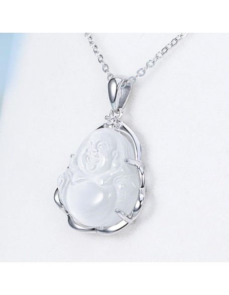 Jade Pendant for Men and Women, Silver Inlay Laughing Buddha Necklace, Silver Pendant, White Crystal Laughing Buddha Pendant Necklace Jade Pendant for Men and Women, Silver Inlay Laughing Buddha Necklace, Silver Pendant, White Crystal Laughing Buddha Pendant Necklace