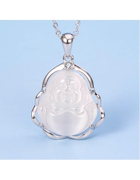 Jade Pendant for Men and Women, Silver Inlay Laughing Buddha Necklace, Silver Pendant, White Crystal Laughing Buddha Pendant Necklace Jade Pendant for Men and Women, Silver Inlay Laughing Buddha Necklace, Silver Pendant, White Crystal Laughing Buddha Pendant Necklace