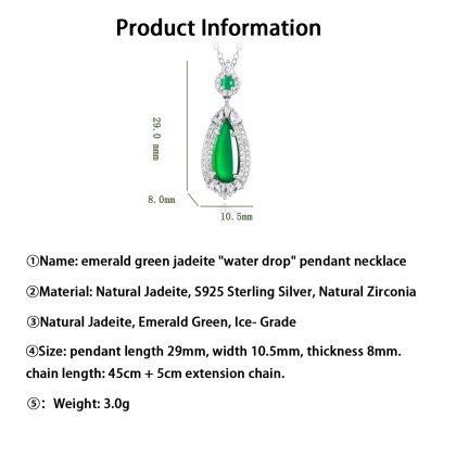 S925 Silver With Zirconia Inlaid Natural Jadeite Icy Emerald Green "Water Drop" Shape Women's Pendant Necklace