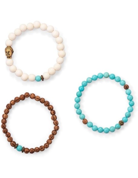 Wood and Magnesite Buddha Stretch Bracelet Set Three 7 Inch Bracelets First Has 5.5mm Beads Jewelry for Women Wood and Magnesite Buddha Stretch Bracelet Set Three 7 Inch Bracelets First Has 5.5mm Beads Jewelry for Women