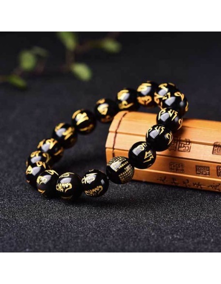 Obsidian Mani Mantra Bracelet - Luck & Protection Obsidian Mani Mantra Bracelet - Luck & Protection