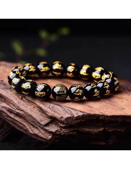 Obsidian Mani Mantra Bracelet - Luck & Protection Obsidian Mani Mantra Bracelet - Luck & Protection