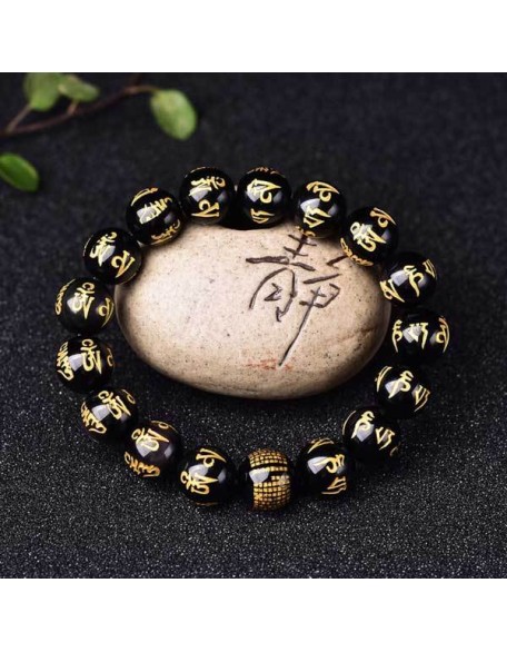 Obsidian Mani Mantra Bracelet - Luck & Protection Obsidian Mani Mantra Bracelet - Luck & Protection