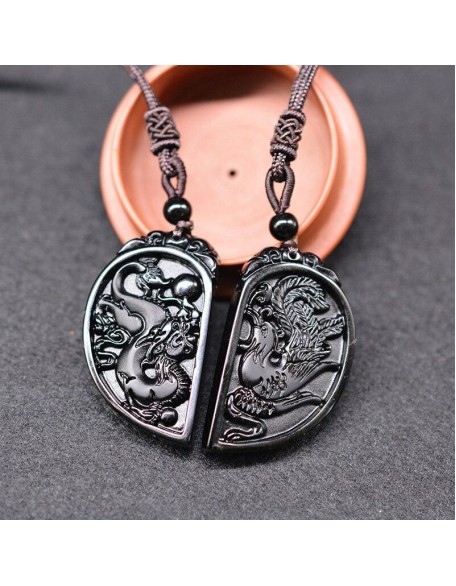 Half Heart Necklace for Couples - Obsidian Dragon and Phoenix Pendant Set Half Heart Necklace for Couples - Obsidian Dragon and Phoenix Pendant Set