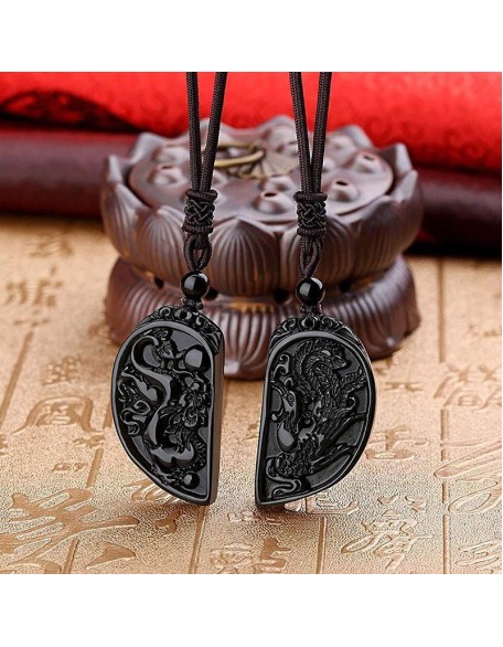 Half Heart Necklace for Couples - Obsidian Dragon and Phoenix Pendant Set Half Heart Necklace for Couples - Obsidian Dragon and Phoenix Pendant Set