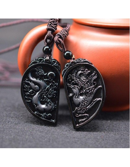 Half Heart Necklace for Couples - Obsidian Dragon and Phoenix Pendant Set Half Heart Necklace for Couples - Obsidian Dragon and Phoenix Pendant Set