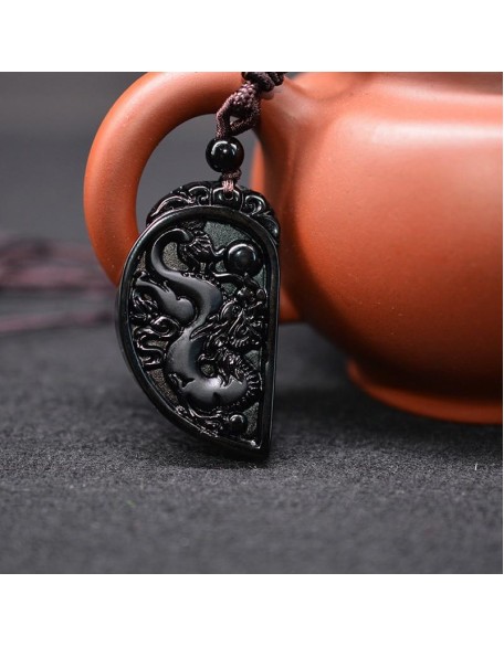 Half Heart Necklace for Couples - Obsidian Dragon and Phoenix Pendant Set Half Heart Necklace for Couples - Obsidian Dragon and Phoenix Pendant Set