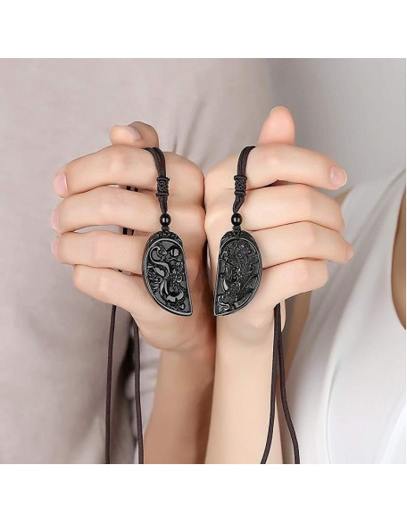 Half Heart Necklace for Couples - Obsidian Dragon and Phoenix Pendant Set Half Heart Necklace for Couples - Obsidian Dragon and Phoenix Pendant Set