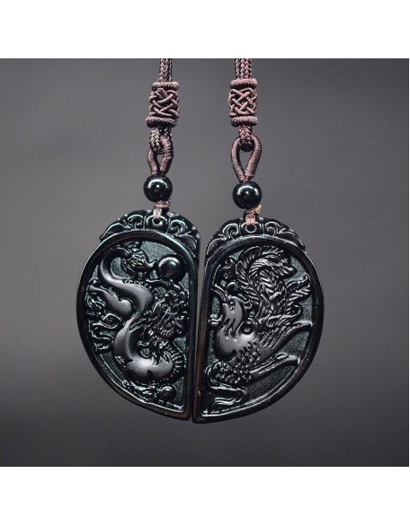 Half Heart Necklace for Couples - Obsidian Dragon and Phoenix Pendant Set Half Heart Necklace for Couples - Obsidian Dragon and Phoenix Pendant Set
