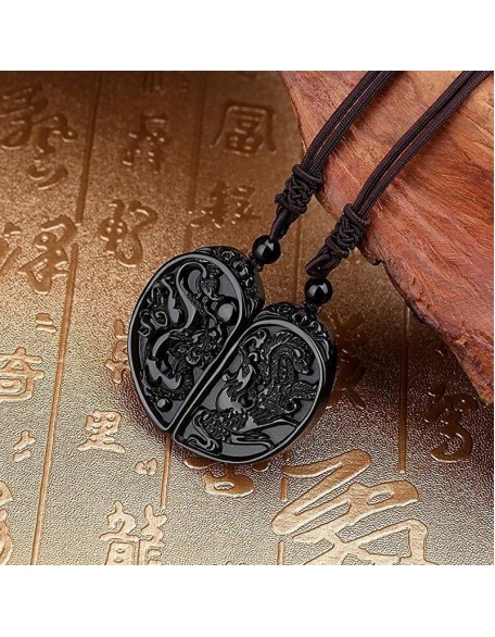 Half Heart Necklace for Couples - Obsidian Dragon and Phoenix Pendant Set Half Heart Necklace for Couples - Obsidian Dragon and Phoenix Pendant Set