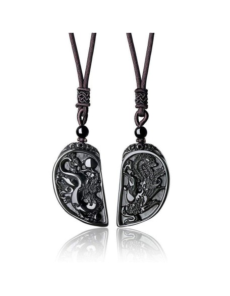 Half Heart Necklace for Couples - Obsidian Dragon and Phoenix Pendant Set Half Heart Necklace for Couples - Obsidian Dragon and Phoenix Pendant Set
