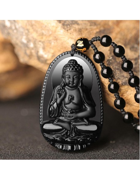 Black Obsidian Buddha Necklace Pendant - Protection & Courage