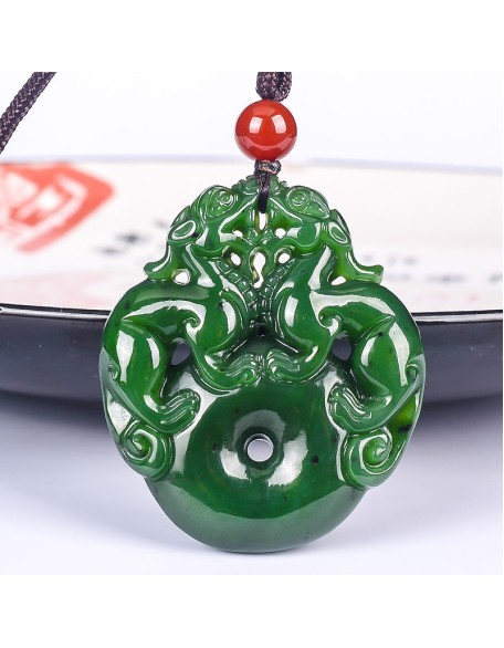 Lucky Double Pixiu Hetian Jade Necklace - Fulfill Dreams & Money Luck Lucky Double Pixiu Hetian Jade Necklace - Fulfill Dreams & Money Luck