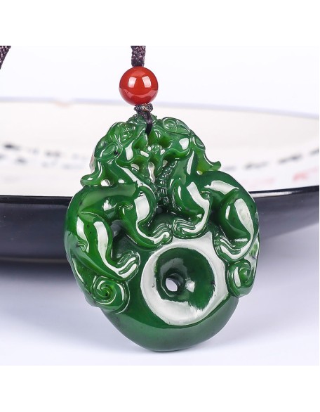 Lucky Double Pixiu Hetian Jade Necklace - Fulfill Dreams & Money Luck Lucky Double Pixiu Hetian Jade Necklace - Fulfill Dreams & Money Luck