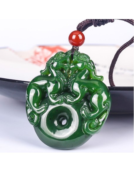 Lucky Double Pixiu Hetian Jade Necklace - Fulfill Dreams & Money Luck Lucky Double Pixiu Hetian Jade Necklace - Fulfill Dreams & Money Luck