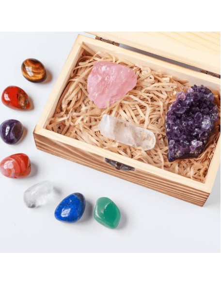Crystal Box - Set of 7 Chakra Stones, Rose Quartz & Amethyst Cluster