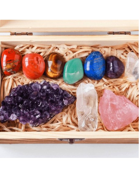 Crystal Box - Set of 7 Chakra Stones, Rose Quartz & Amethyst Cluster Crystal Box - Set of 7 Chakra Stones, Rose Quartz & Amethyst Cluster
