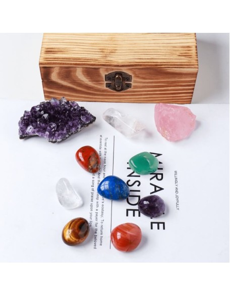 Crystal Box - Set of 7 Chakra Stones, Rose Quartz & Amethyst Cluster Crystal Box - Set of 7 Chakra Stones, Rose Quartz & Amethyst Cluster