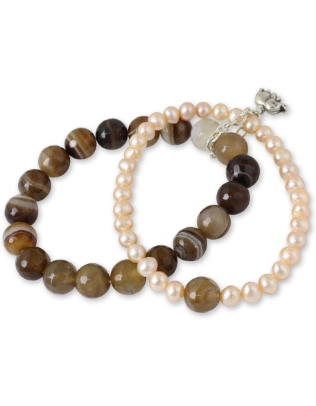 Handmade Silver Cultured Freshwater Pearl Agate Stretch Bracelet with Elephant Charm Fine Beige White Brown Beaded Thailand 'Iridescent Forest' Handmade Silver Cultured Freshwater Pearl Agate Stretch Bracelet with Elephant Charm Fine Beige White Brown Beaded Thailand 'Iridescent Forest'