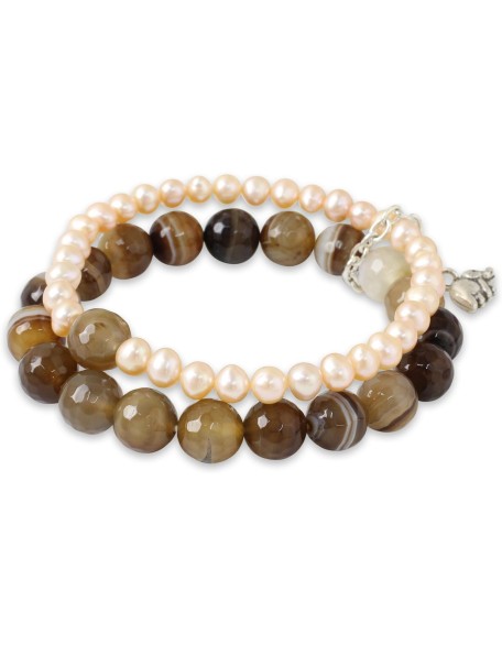 Handmade Silver Cultured Freshwater Pearl Agate Stretch Bracelet with Elephant Charm Fine Beige White Brown Beaded Thailand 'Iridescent Forest' Handmade Silver Cultured Freshwater Pearl Agate Stretch Bracelet with Elephant Charm Fine Beige White Brown Beaded Thailand 'Iridescent Forest'