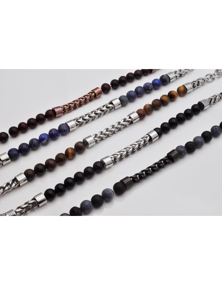Men's Genuine Gemstone Bead Stainless Steel Franco Link Bracelet Men's Genuine Gemstone Bead Stainless Steel Franco Link Bracelet