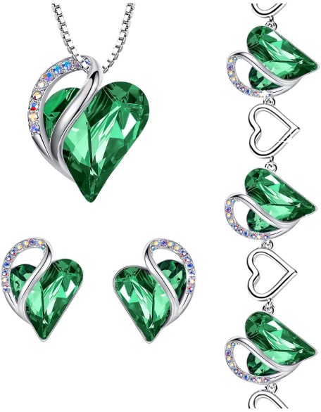 Love Heart Necklace, Stud Earrings, and Bracelet for Women, May Birthstone Crystal Jewelry Love Heart Necklace, Stud Earrings, and Bracelet for Women, May Birthstone Crystal Jewelry