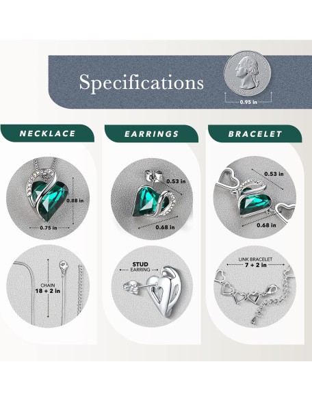 Love Heart Necklace, Stud Earrings, and Bracelet for Women, May Birthstone Crystal Jewelry Love Heart Necklace, Stud Earrings, and Bracelet for Women, May Birthstone Crystal Jewelry