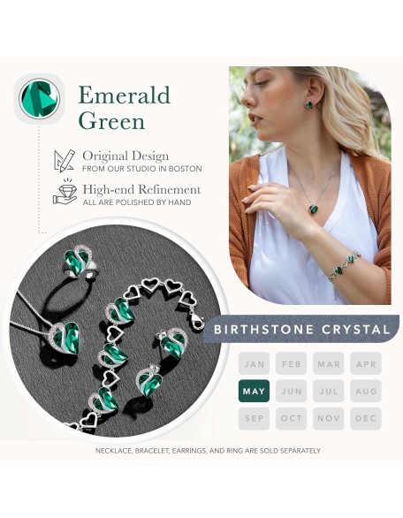 Love Heart Necklace, Stud Earrings, and Bracelet for Women, May Birthstone Crystal Jewelry Love Heart Necklace, Stud Earrings, and Bracelet for Women, May Birthstone Crystal Jewelry