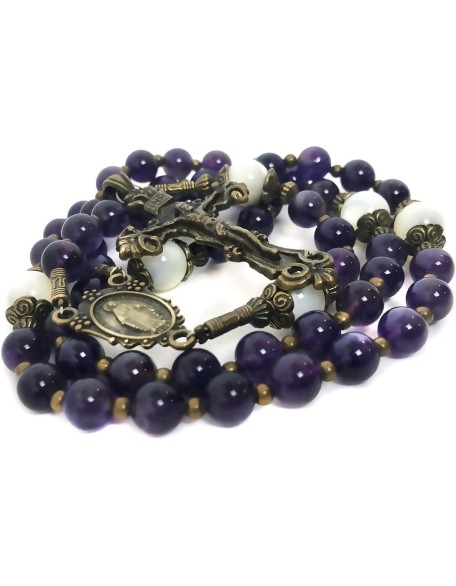 Beautiful Amethyst and Mother of Pearl Stone Rosary Beads Catholic Beautiful Amethyst and Mother of Pearl Stone Rosary Beads Catholic