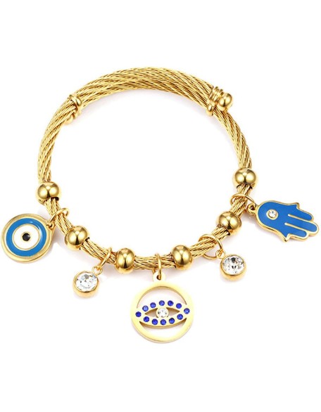 Polished Stainless Steel Turkish Lucky Symbol Fatima Hands Bangle Crystal Zircon Evil Eye Wrap Braclet Polished Stainless Steel Turkish Lucky Symbol Fatima Hands Bangle Crystal Zircon Evil Eye Wrap Braclet
