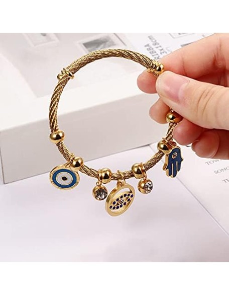 Polished Stainless Steel Turkish Lucky Symbol Fatima Hands Bangle Crystal Zircon Evil Eye Wrap Braclet Polished Stainless Steel Turkish Lucky Symbol Fatima Hands Bangle Crystal Zircon Evil Eye Wrap Braclet