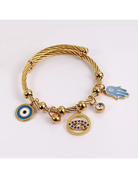 Polished Stainless Steel Turkish Lucky Symbol Fatima Hands Bangle Crystal Zircon Evil Eye Wrap Braclet Polished Stainless Steel Turkish Lucky Symbol Fatima Hands Bangle Crystal Zircon Evil Eye Wrap Braclet