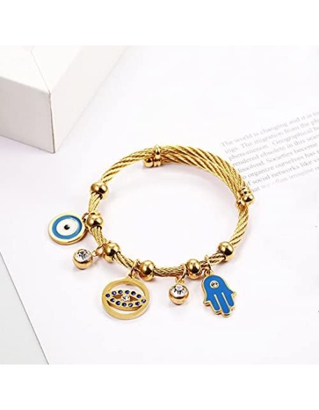 Polished Stainless Steel Turkish Lucky Symbol Fatima Hands Bangle Crystal Zircon Evil Eye Wrap Braclet Polished Stainless Steel Turkish Lucky Symbol Fatima Hands Bangle Crystal Zircon Evil Eye Wrap Braclet