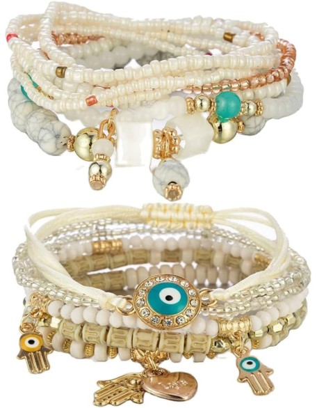 4 Piece/Set Bohemian Evil Eye Beaded Stretch Bracelet Multilayer Hamsa hand Boho Adjsutable Beads Wristband Lucky Amulet Bangle for Women Girls 4 Piece/Set Bohemian Evil Eye Beaded Stretch Bracelet Multilayer Hamsa hand Boho Adjsutable Beads Wristband Lucky Amulet Bangle for Women Girls