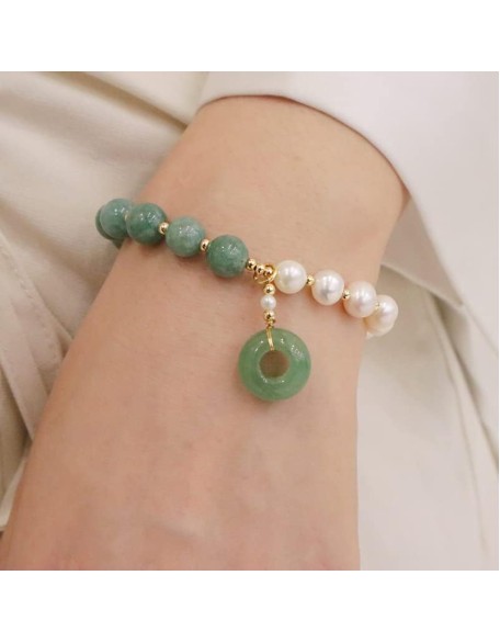 14K Gold Jade Pearl Bracelet, Pearl Beaded Stretch Bracelet 14K Gold Jade Pearl Bracelet, Pearl Beaded Stretch Bracelet