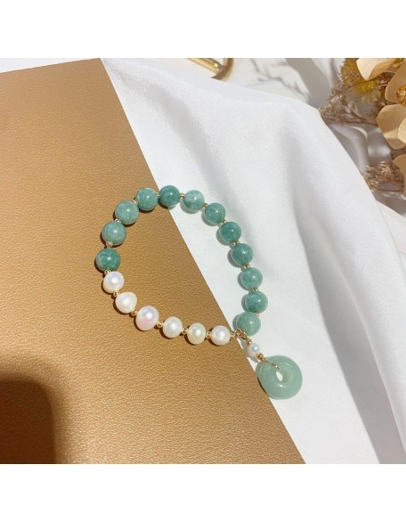 14K Gold Jade Pearl Bracelet, Pearl Beaded Stretch Bracelet 14K Gold Jade Pearl Bracelet, Pearl Beaded Stretch Bracelet