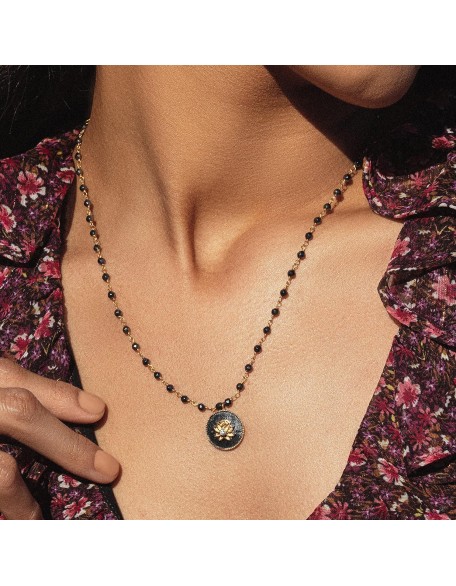 Enlightenment Hope - Women's Hematite 18K Gold Plated Brass Lotus Necklace Enlightenment Hope - Women's Hematite 18K Gold Plated Brass Lotus Necklace
