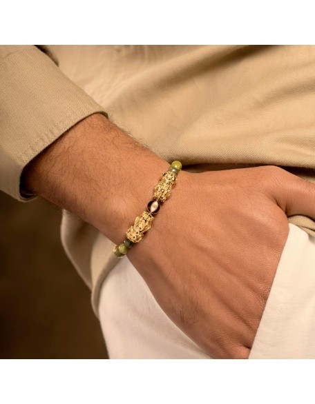 Established Resilience - Double Dragon Jade 18K Gold Plated Brass Bracelet, Evil Eye Symbol deflects negativity, Jade stones for cleansing Established Resilience - Double Dragon Jade 18K Gold Plated Brass Bracelet, Evil Eye Symbol deflects negativity, Jade stones for cleansing